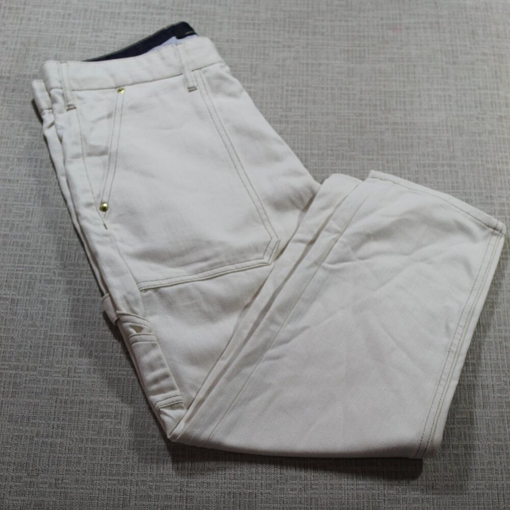 NWOT Zara Size 32 Cream with Tan Stitching Denim Cropped Carpenter Jeans